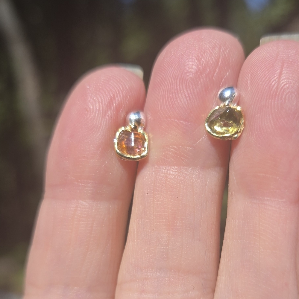 Tourmaline Natural Gemstone Sterling & Gold Earrings - Picture 3 of 8